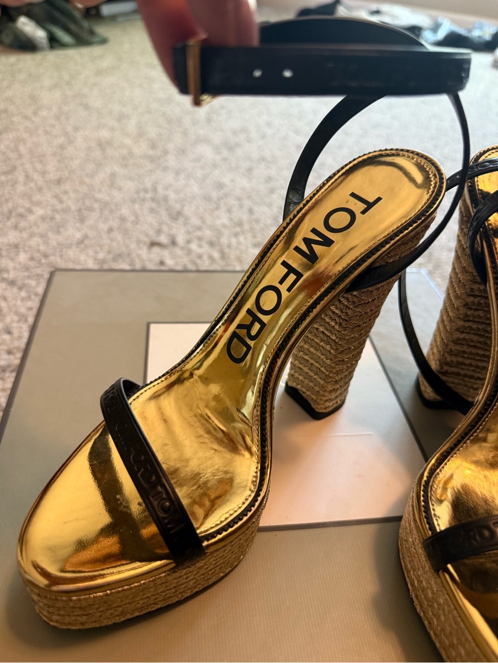 Tom Ford Gold Metallic & Black Platform Sandals